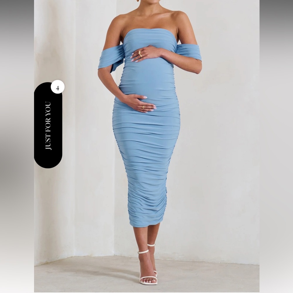 POWDER BLUE MATERNITY RUCHED BARDOT MIDI DRESS